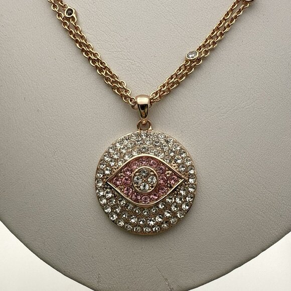 Joan Boyce Necklace Evil Eye Angel Eye Talisman Rose Gold Tone Rhinestone Bezel - Picture 3 of 12